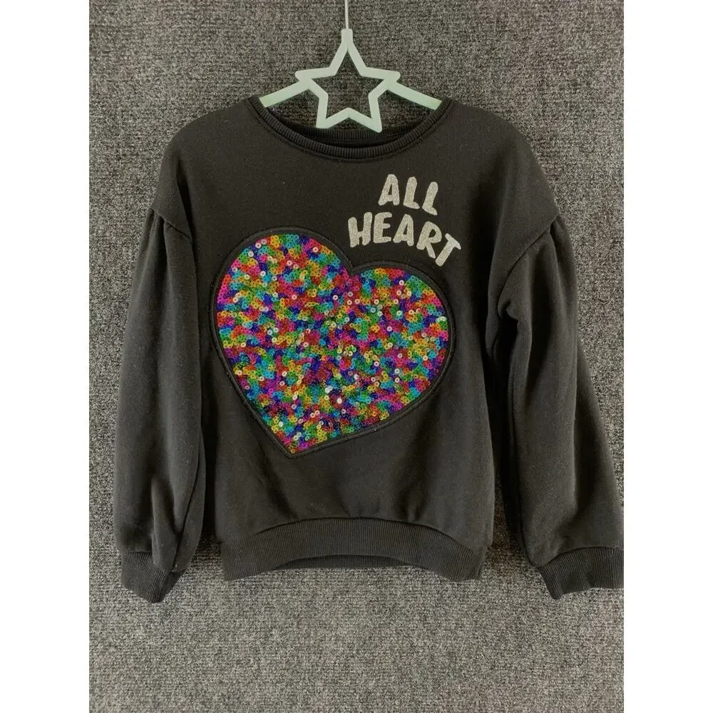 365 Kids by Garanimals Girl Sweatshirt All Heart Sequin Patch Pullover Black 6